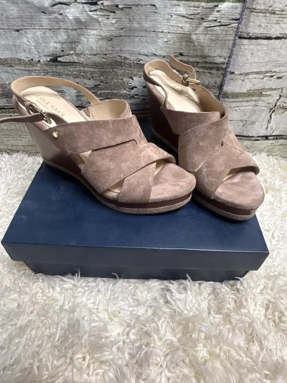 Cole Haan Size 10B Platform Laci Suede Wedge Sandal Stone Taupe